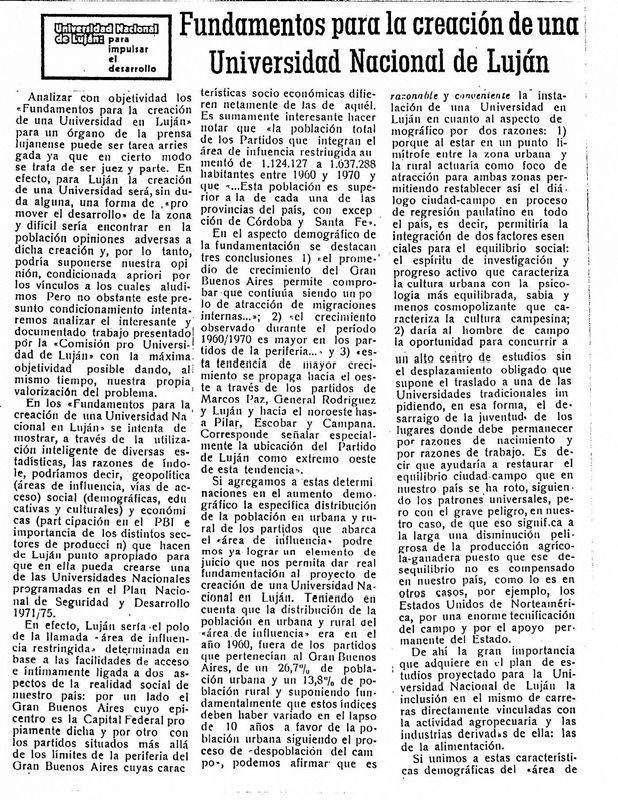 Elcivismo-1971-Fundamentacion-UNLu Escrito publicado en "El Civismo" de Luján en relación a los debates previos a su apertura en 1971. La UNLu se crea por decreto Ley del presidente de facto Lanusse en diciembre de 1972.