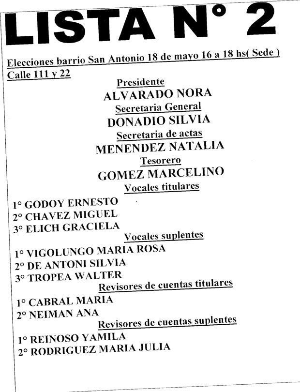 Lista Nº2 - Barrio San Antonio