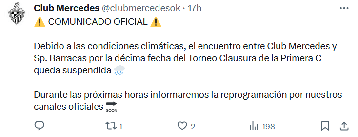 Por el clima se posterga Club Mercedes vs Sportivo Barracas
