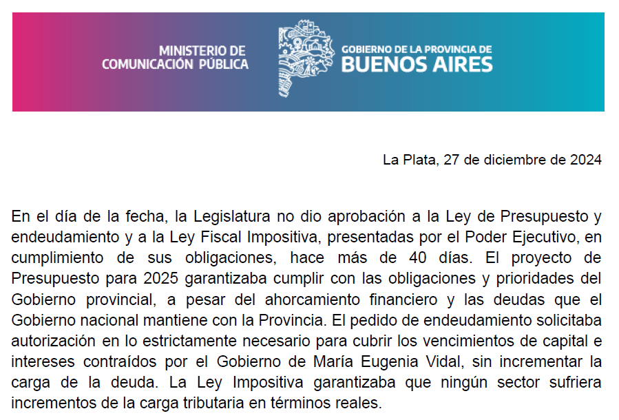 No aprueban el presupuesto 2025 de la Provincia de Buenos Aires