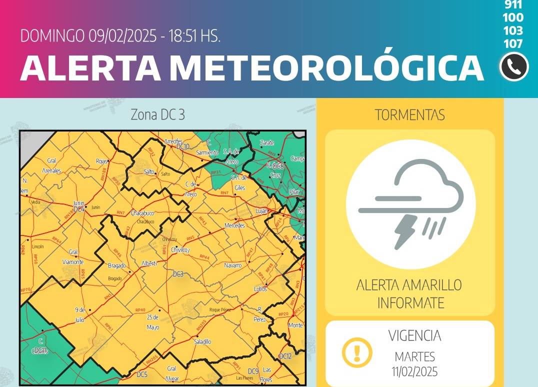 Alerta amarillo en Mercedes por tormentas: el SMN advierte sobre fuertes lluvias y granizo