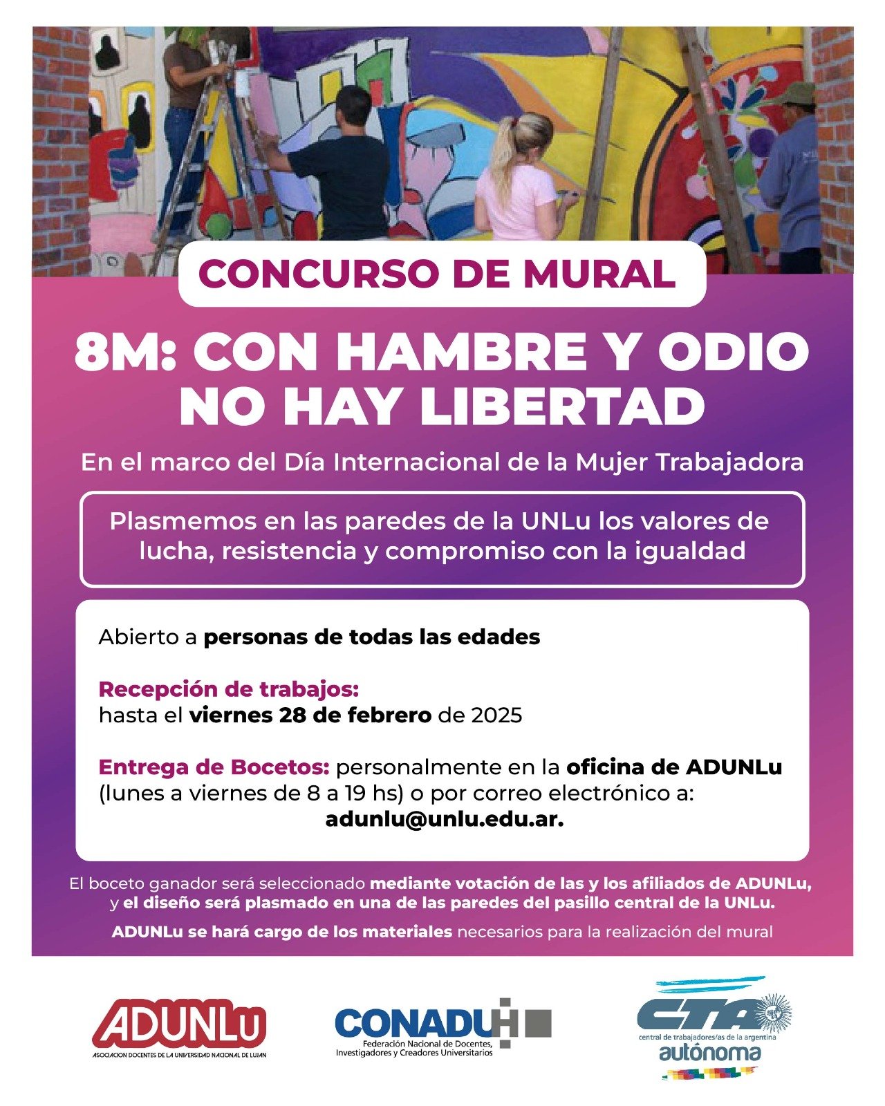 ADUNLu convoca al concurso de mural “8M: con hambre y odio no hay libertad"