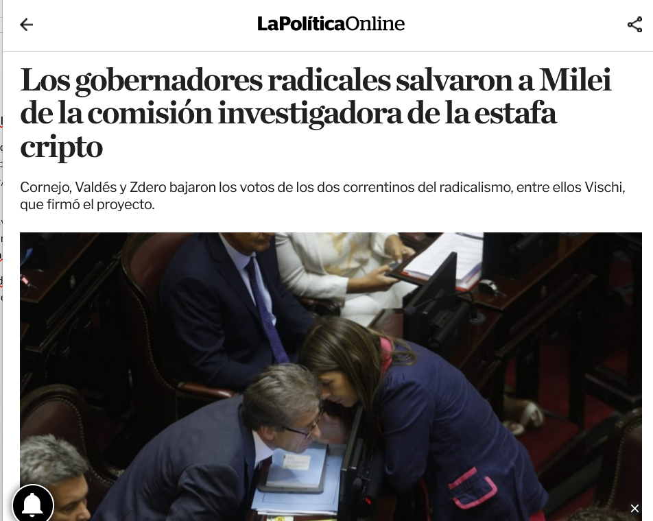 Radicales salvan a Milei de la comisión que investigaría la estafa cripto